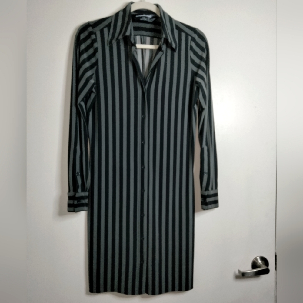 Norma Kamali (Sz S) Black & Gray Striped Button Down Front LS Stretch Midi Dress